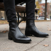 model-sitting-bench - Men's Brown Leather Classic Boots