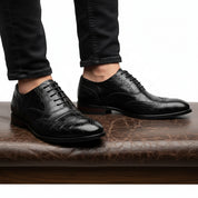 model-sitting-bench - Men's Brown Leather Crocodile-Pattern Oxfords