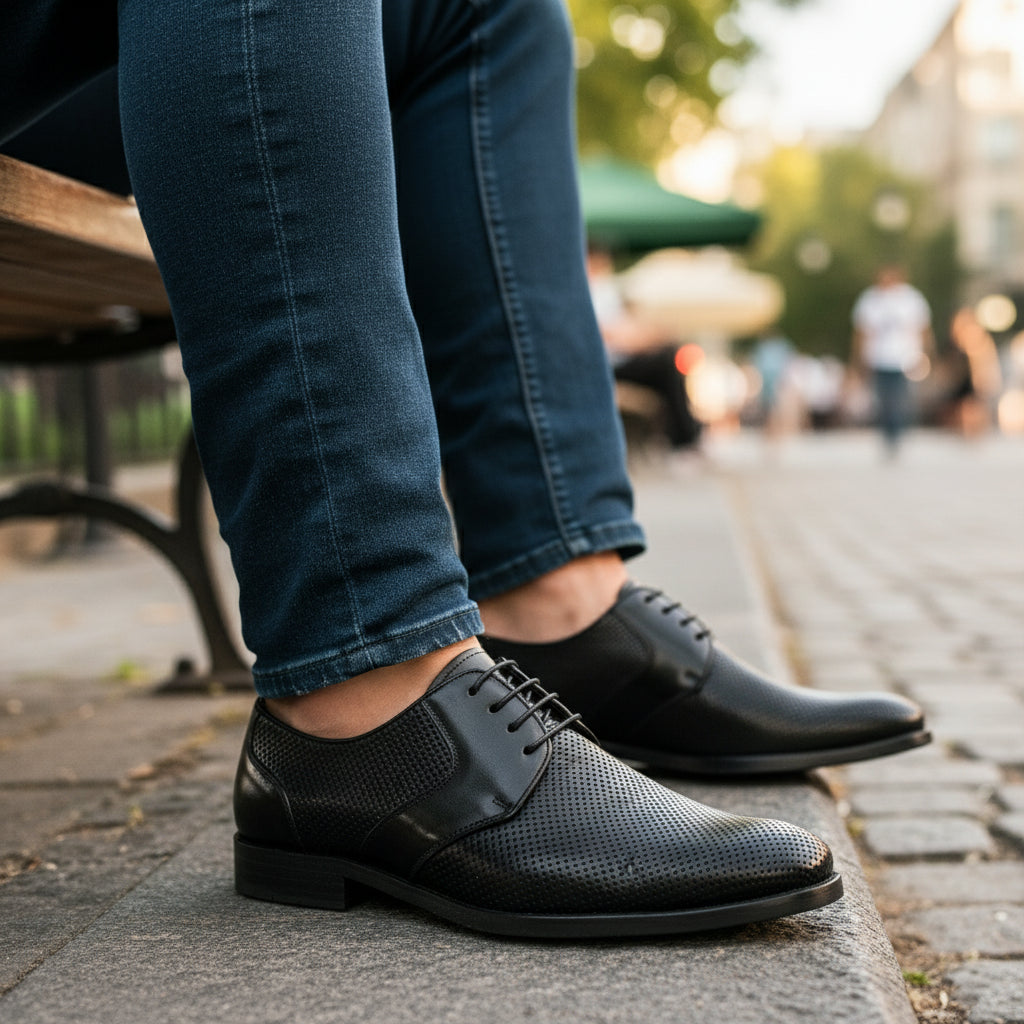 model-sitting-bench - Men's Brown Leather Derby Shoes
