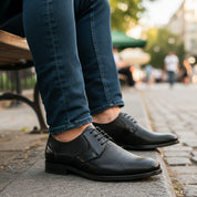 model-sitting-bench - Men's Brown Leather Derby Shoes