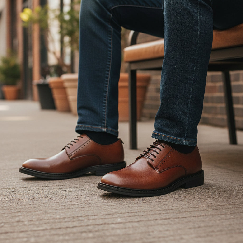 model-sitting-bench - Men's Brown Leather Derby Shoes