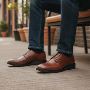 model-sitting-bench - Men's Brown Leather Derby Shoes