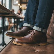 model-sitting-bench - Men's Brown Leather Desert Boots