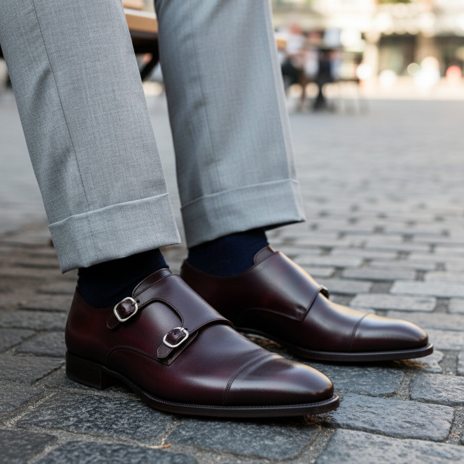 model-sitting-bench - Men's Brown Leather Double Buckle Oxford Dress Shoes