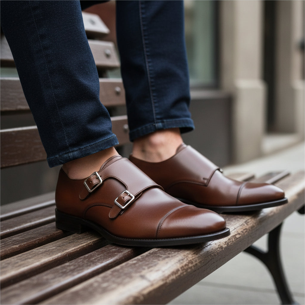model-sitting-bench - Men's Brown Leather Double Buckle Oxford Shoes