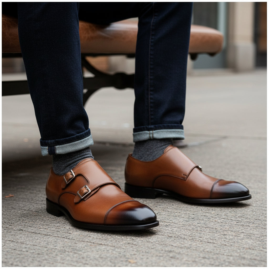 model-sitting-bench - Men's Brown Leather Double Buckle Oxford Shoes