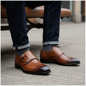 model-sitting-bench - Men's Brown Leather Double Buckle Oxford Shoes