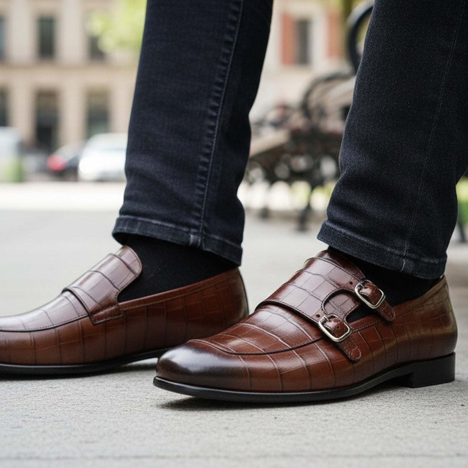 model-sitting-bench - Men's Brown Leather Double Buckle Penny Loafers