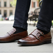 model-sitting-bench - Men's Brown Leather Double Buckle Penny Loafers
