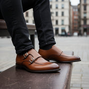 model-sitting-bench - Men's Brown Leather Double Monk Dress Shoes
