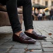 model-sitting-bench - Men's Brown Leather Double Monk Shoes