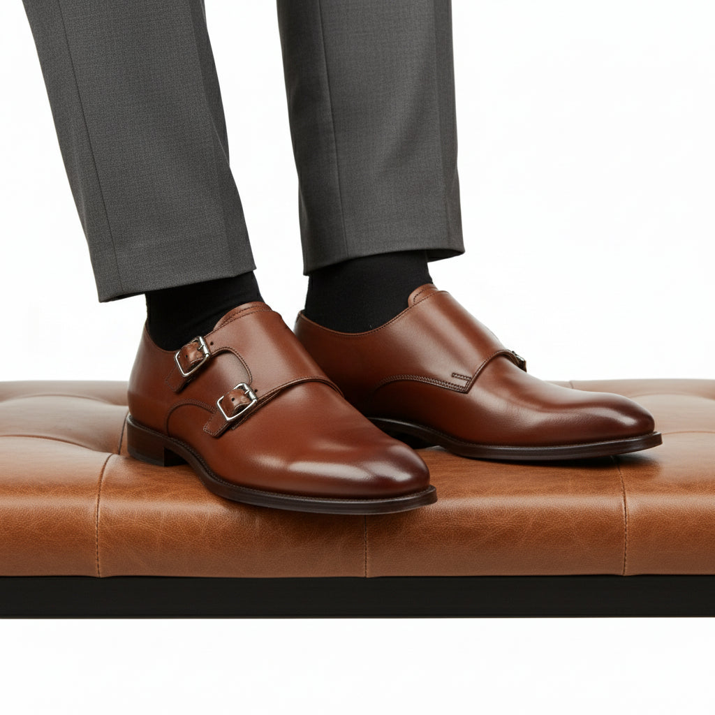 Men's Brown Leather Double Monk Strap Dress Shoes - model-sitting-bench