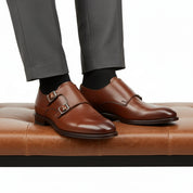 Men's Brown Leather Double Monk Strap Dress Shoes - model-sitting-bench