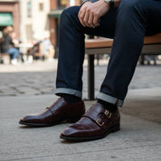 model-sitting-bench - Men's Brown Leather Double Monk Strap Shoes