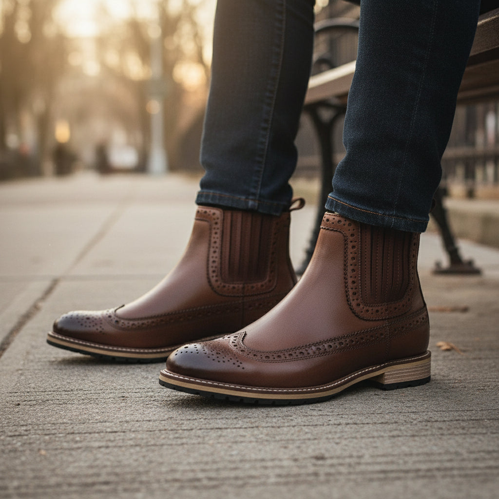 model-sitting-bench - Men's Brown Leather Dress Boots