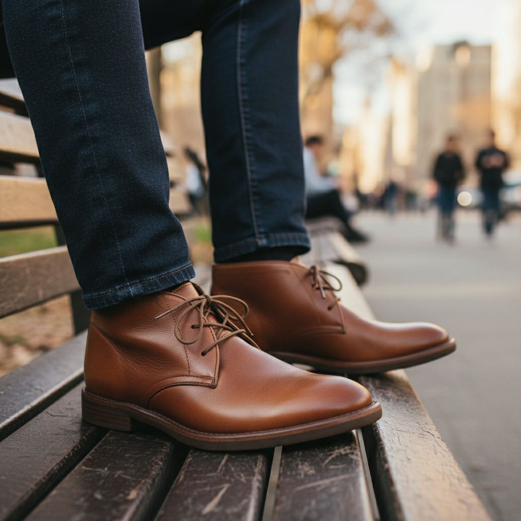 model-sitting-bench - Men's Brown Leather Dress Boots