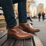 model-sitting-bench - Men's Brown Leather Dress Boots