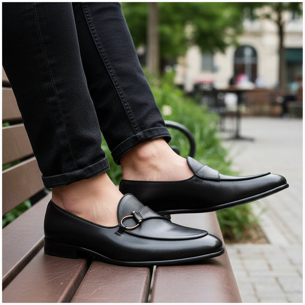 model-sitting-bench - Men's Brown Leather Dress Loafers