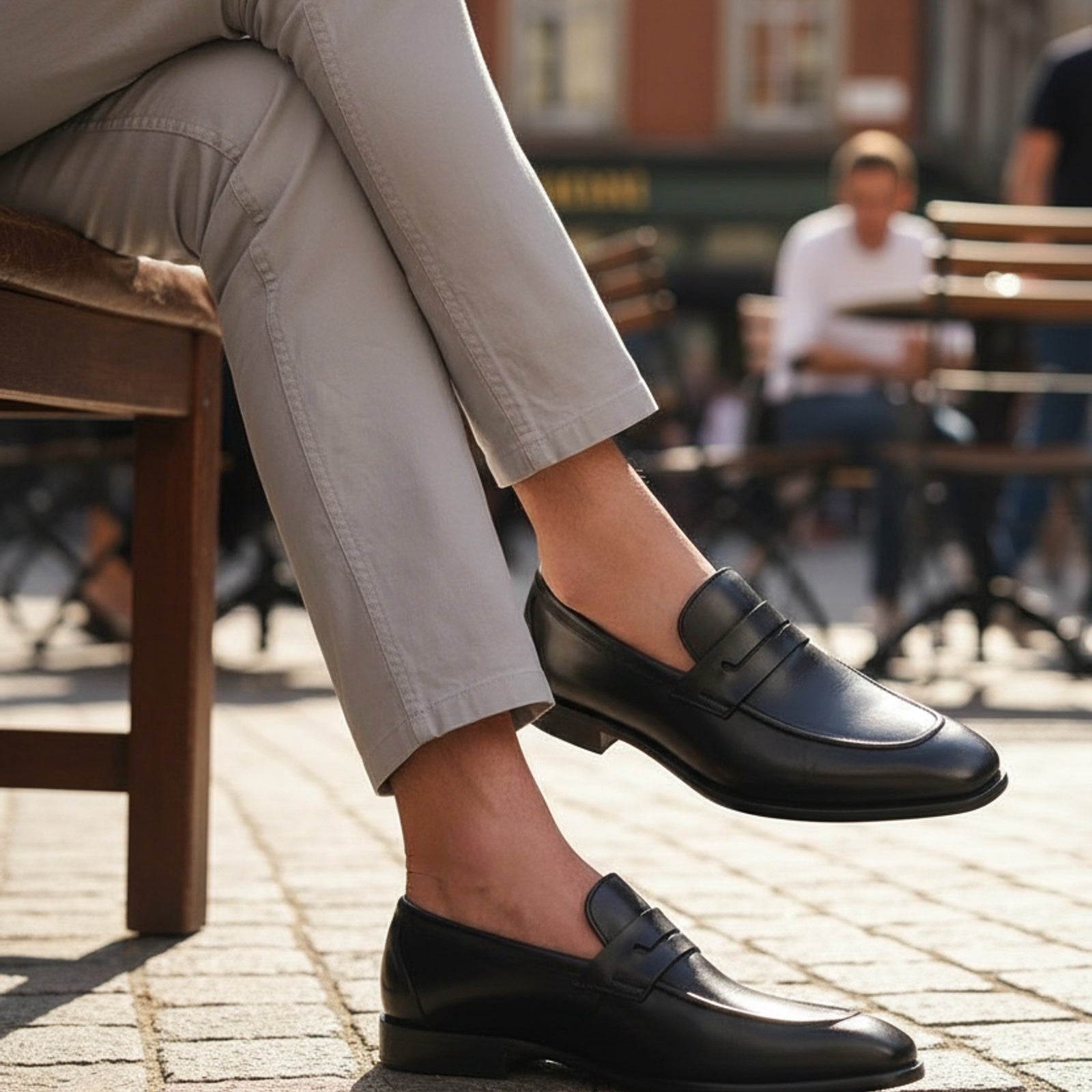 model-sitting-bench - Men's Brown Leather Dress Moccasins