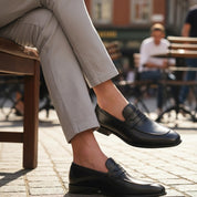 model-sitting-bench - Men's Brown Leather Dress Moccasins