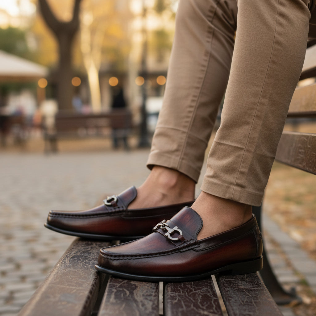Men's Brown Leather Driving Shoes - model-sitting-bench