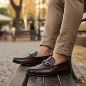 Men's Brown Leather Driving Shoes - model-sitting-bench