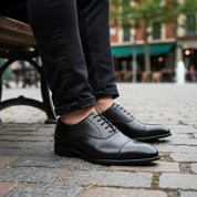 model-sitting-bench - Men's Brown Leather Formal Dress Shoes