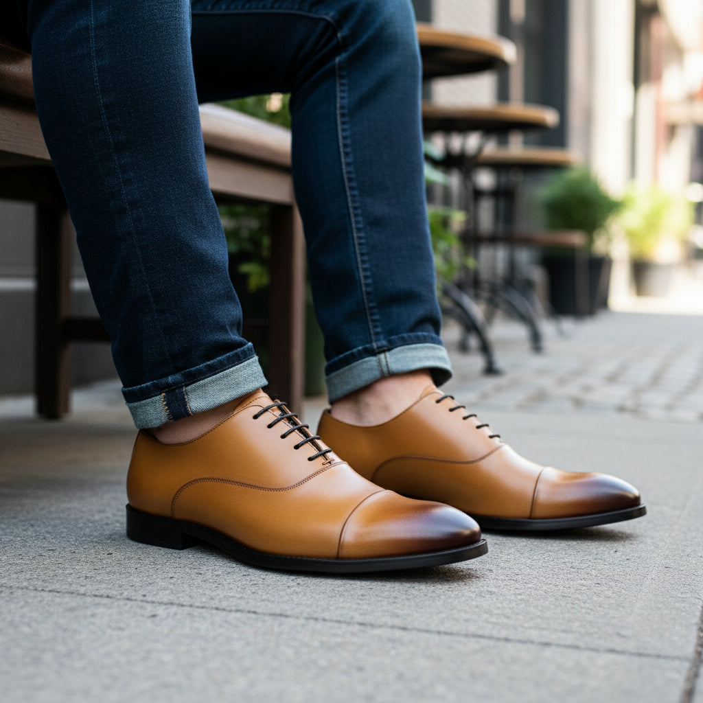 model-sitting-bench - Men's Brown Leather Formal Dress Shoes