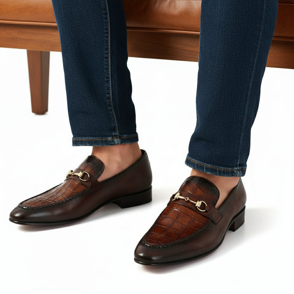 model-sitting-bench - Men's Brown Leather Formal Shoes