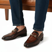 model-sitting-bench - Men's Brown Leather Formal Shoes
