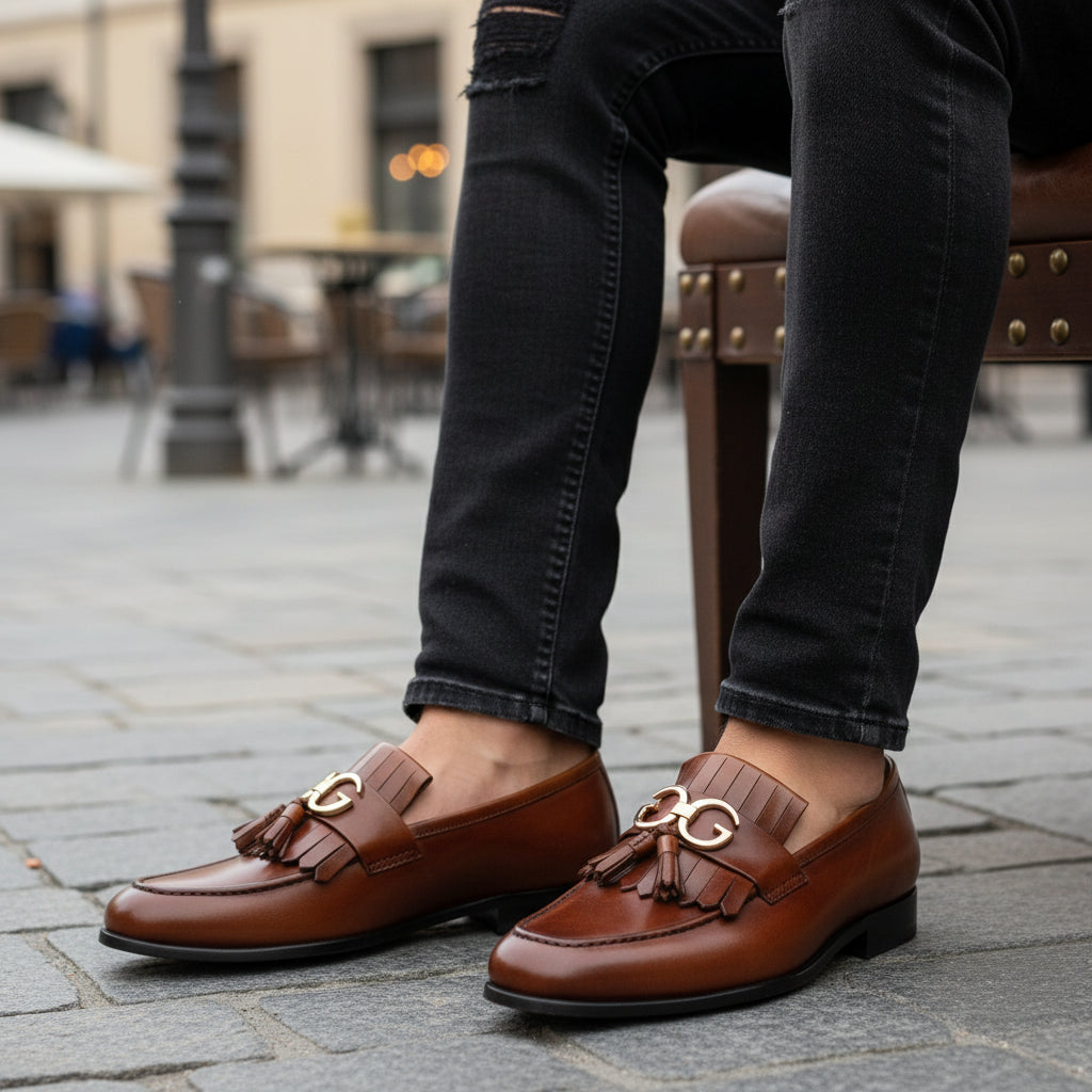 model-sitting-bench - Men's Brown Leather Fringe Moccasins