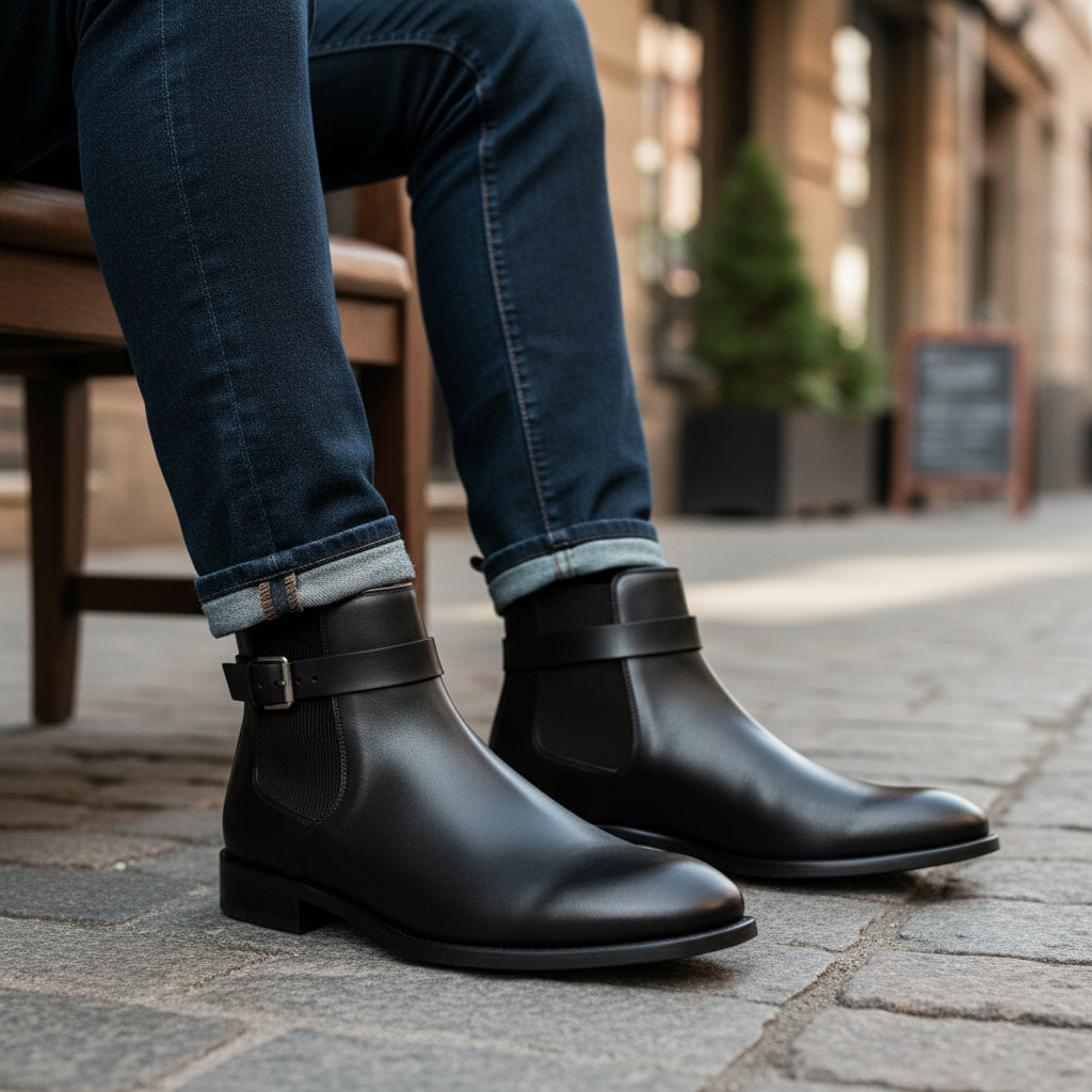 model-sitting-bench - Men's Brown Leather Jodhpur Boots