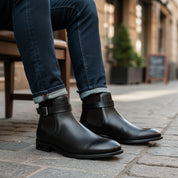 model-sitting-bench - Men's Brown Leather Jodhpur Boots