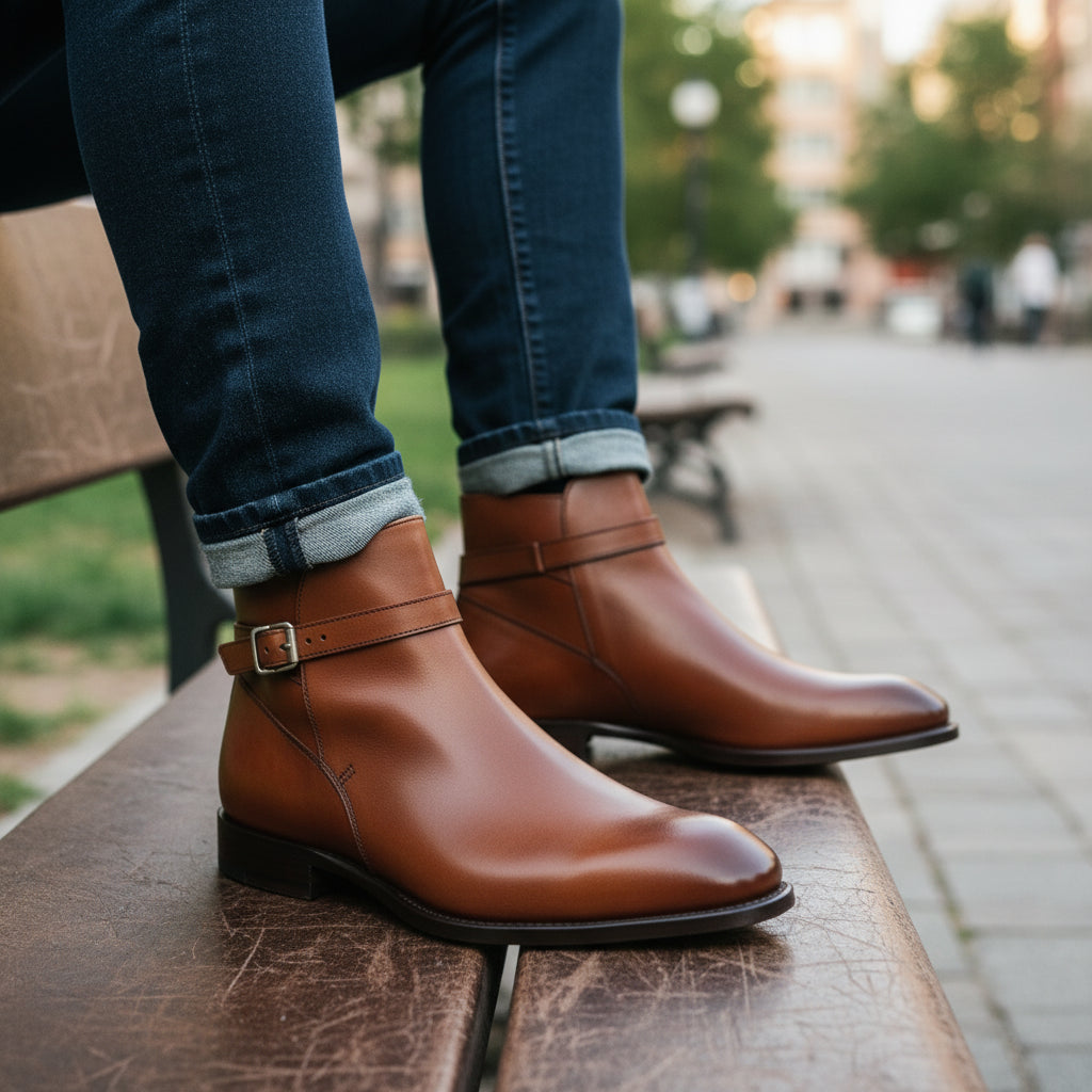 Men's Brown Leather Jodhpur Boots - model-sitting-bench