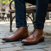 model-sitting-bench - Men's Brown Leather Lace-Up Ankle Boots