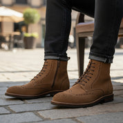 model-sitting-bench - Men's Brown Leather Lace-Up Boots