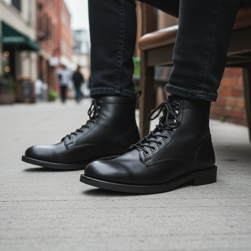model-sitting-bench - Men's Brown Leather Lace-Up Boots