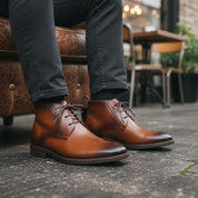 model-sitting-bench - Men's Brown Leather Lace-Up Boots