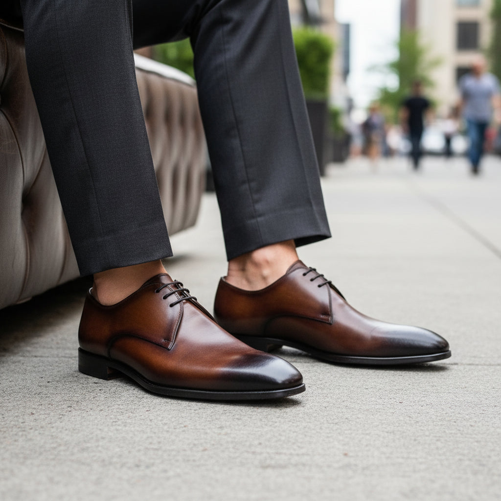 model-sitting-bench - Men's Brown Leather Lace-Up Dress Shoes