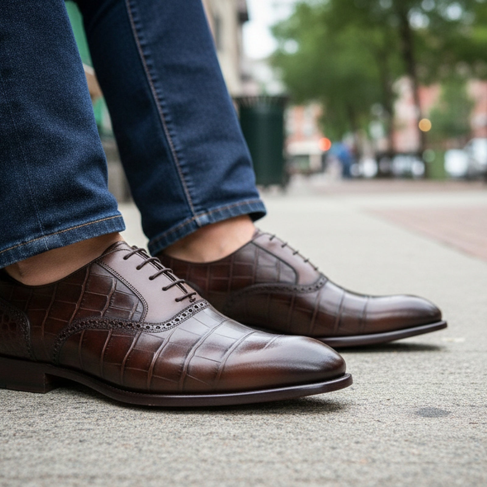 model-sitting-bench - Men's Brown Leather Lace-Up Oxford Shoes