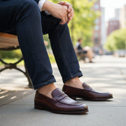 model-sitting-bench - Men's Brown Leather Loafer Moccasins