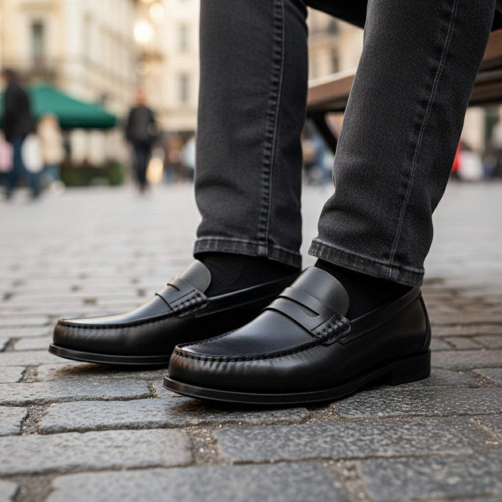 model-sitting-bench - Men's Brown Leather Loafer Shoes