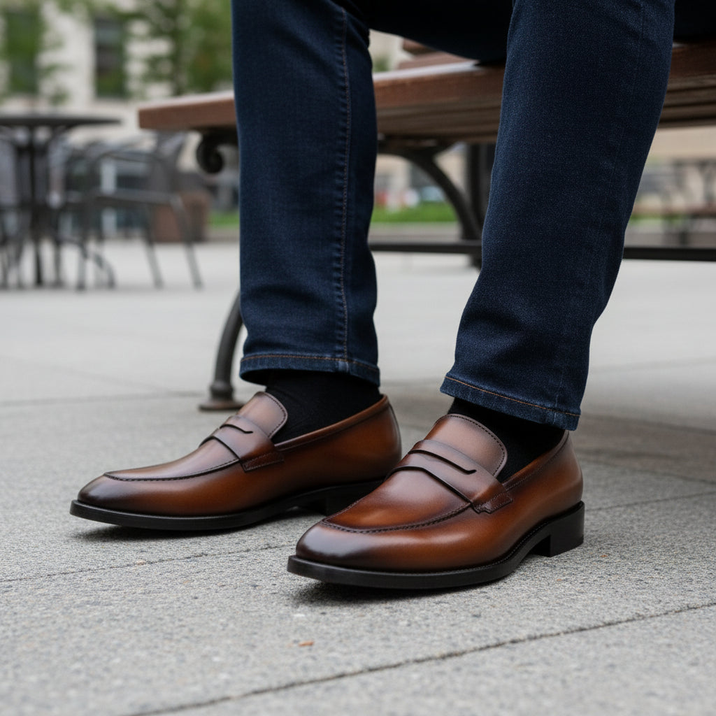 model-sitting-bench - Men's Brown Leather Loafer Shoes