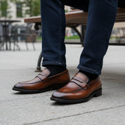 model-sitting-bench - Men's Brown Leather Loafer Shoes