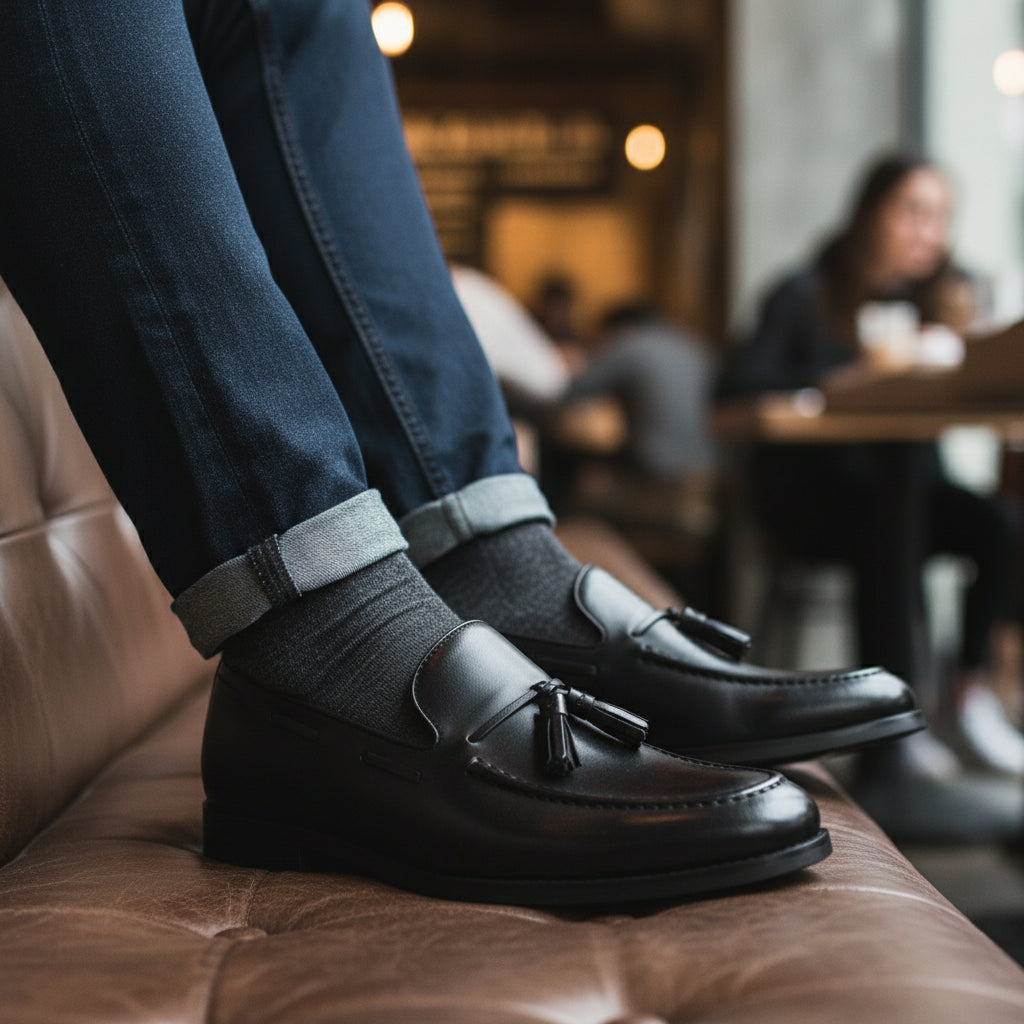 model-sitting-bench - Men's Brown Leather Loafers