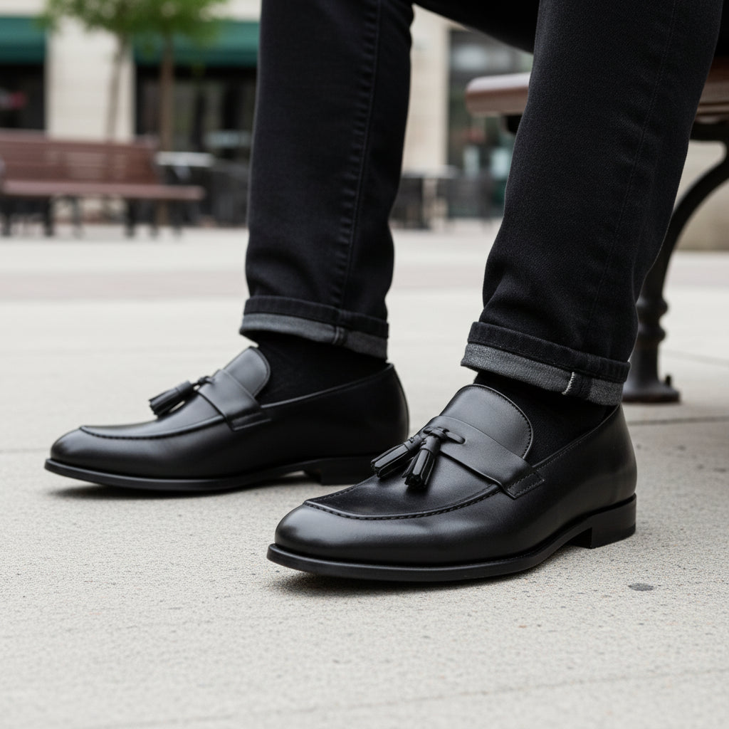 model-sitting-bench - Men's Brown Leather Loafers