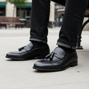 model-sitting-bench - Men's Brown Leather Loafers