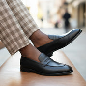 model-sitting-bench - Men's Brown Leather Moc-Toe Loafers