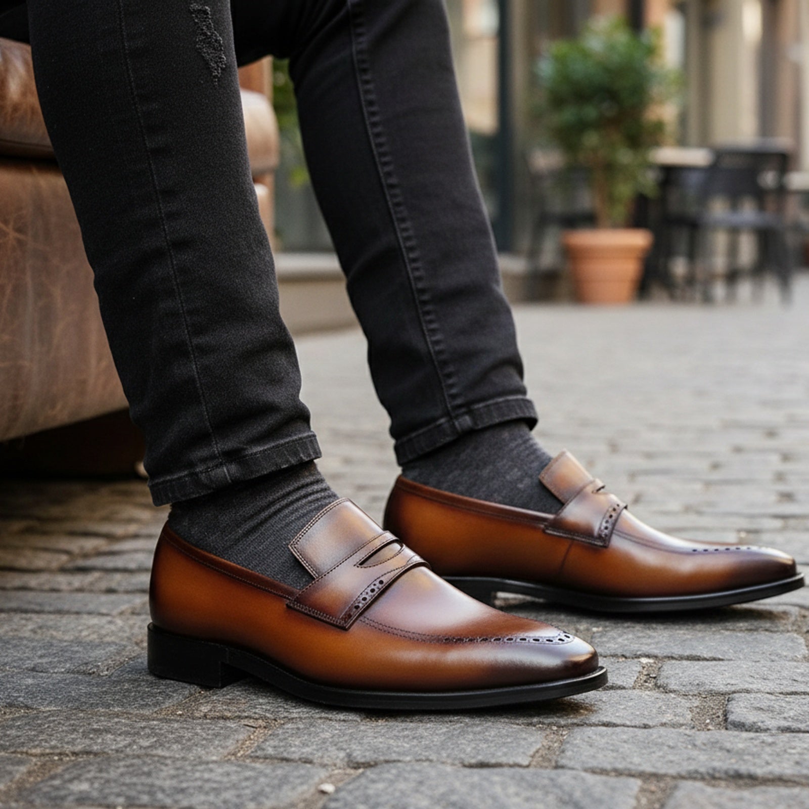 model-sitting-bench - Men's Brown Leather Moccasin Dress Shoes