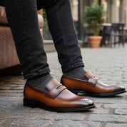 model-sitting-bench - Men's Brown Leather Moccasin Dress Shoes